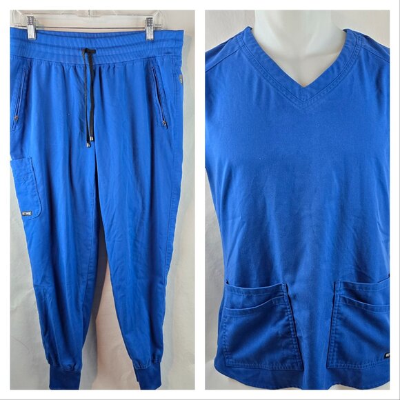 Grey’s Anatomy Scrub Set Womens Medium Blue V-Neck Top Jogger Pants Stretch Vet - Picture 1 of 16